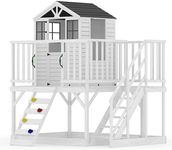 GarveeLife Outdoor Wooden Playhouse with Climbing Wall, 2 Story Wooden Playhouse with Step Ladder, Elevated Modern Cedar Playhouses Kids