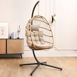 SWITTE Egg Chair Outdoor Indoor with Stand, Hanging Egg Swing Chair with Stand, Wicker Egg Chair with Cushion 350lbs Capacity for Patio(Cream)