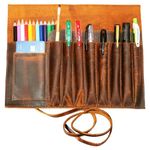 Jaald Genuine Leather Pencil Roll Brush Case Pen Holder Organizer Brushes Ruler Stationary Pouch Gift for Students Artist Painter & Writer String Closure Vintage