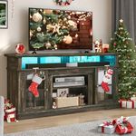 YITAHOME LED Farmhouse TV Stand for TV up to 75" w/Outlets, Highboy Media Entertainment Center Console Table Adjustable Storage Shelves &Cabinet Glass Door for 400lbs for Living Room, Dark Rustic Oak