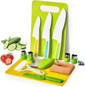 Kids Safe Knife Set, IGGDOQI 13 Pcs Wooden Safety Knives for Real Cooking Toddler Knife Set Include 4 Toddler Knives with Serrated Edges, Cutting Boards, Crinkle Cutter, Peeler and Wooden Safe Knife