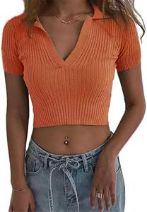 Hyipels Women Knit Crop Polo Shirts,Summer Short Sleeve Ribbed Collared T-Shirt Solid Fitted V Neck Tops Orange