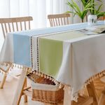 BESBESME Table Cloth Rustic Linen Boho Style,Kitchen Dining Room Striped Tablecloths for Rectangle Tables, Washable Wrinkle Resistant Table Cover(Oblong,55''x86'',6-8 Seats, Green/Blue)