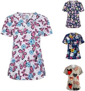 Printed Cute Scrub Tops Women Print Plus Size Womens Scrubs for Women Nursing Shirts uniformes de enfermeras de Mujer with Pockets 10-Pink Pinks Large