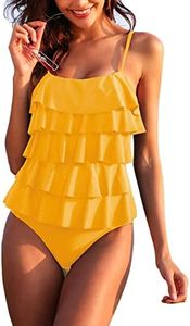 MAXMODA One Piece Monokini Layered Ruffle Tummy Ladies Padded Swimsuit Teen Bathing Suits Yellow L