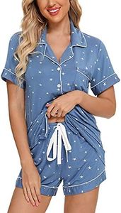 Anjue Women Pajamas Set Bride Pajamas Short Sleeve Sleepwear Button Down Lounge Sets Nightwear Soft Pjs with Pockets S-XXL, B-lake Blue Star, X-Large