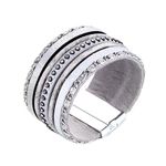Asma Jewel House Multi-Layered Braided PU Leather Bohemia Cuff Magnetic Clasp Rhinestones Bracelet for Women Girls (White)