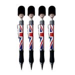 LILAJ Union Jack Flag Royal Guardsman Head Pens - Set of 4 Retractable Ballpoint Collectable Souvenir Office Stationery Supplies - King Soldier Fun Gifts for Kids, Party, School Decoration