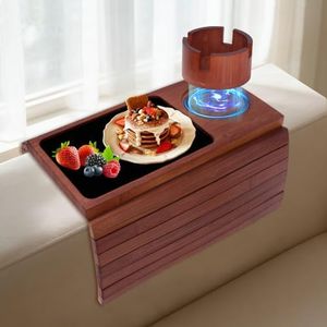 Couch Cup Holder Tray, 3-in-1 Bamboo Couch Armrest Table with 360° Rotating Magnetic and Detachable Phone Holder Stand, Foldable Anti-Slip Sofa Arm Tray for Remote, Phone, Snacks and Drinks
