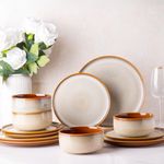 LERATIO Ceramic Dinnerware Sets of 4,Poreclain Plates and Bowls Sets,Handmade Reactive Glaze Dishes Set,Chip Resistant and Scratch Resistant | Oven&Dishwasher & Microwave Safe,Service for 4-Kahki