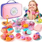 Juboury Tea Party Set for Little Girls, Pretend Tin Teapot Set with Dessert, Doughnut, Cake Stand, Tablecloth & Carrying Case, Princess Tea Time Kitchen Pretend Play Toy for Girls Age 3 4 5 6