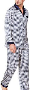 Lonxu Pajamas Set Mens Silk Satin Pajamas Long Sleeve Loungewear Two-Piece Sleepwear Button-Down Pj Set S-XXXXL (Blue Dot, S)
