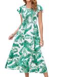 Casual Dresses for Women Smocked Summer Midi Dress Crew Neck Tiered Dress Short Sleeve Vestidos Mujer, Scallions With Long Leaves(a8), L-XL