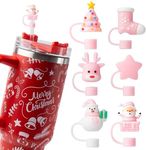 6PCS Straw Cover Cap, 10mm Pink Christmas Theme Straw Toppers for Stanley Cup, Cute Straw Covers Cap Fits For Stanley Cup Drinking Tumbler, Pink Christmas Theme Stanley Cup Accessories