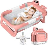 Collapsible Baby Bathtub for Infants to Toddler, Baby Bathtub for Newborn with Thermometer & Soft Floating Cushion, No-Slip Hanging Portable Travel Baby Tub 0-36 Months-Pink