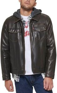 Levi's Men's Faux Leather Hooded Trucker Jacket with Sherpa Lining, Dark Brown, Small