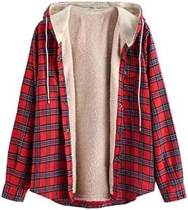 ZAFUL Men's Casual Plaid Fleece Jacket Unisex Men Drawstring Hooded Coat Fuzzy Hoodie Red 2XL