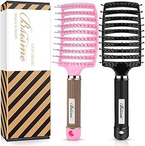 Hair Brush Set, Curved Vented Detangling Hair Brushes for Women Men Kids, Professional Vent Styling Brush for Wet Dry Curly Thick Straight Hair Fast Blow Drying Brush (Pink+ Black)