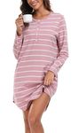 Vlazom Women’s Nightdresses Soft Cotton Nightshirt Stripes Long Sleeve Nighties Sleep Dress Sleepwear with Pockets C-Pink,XXL