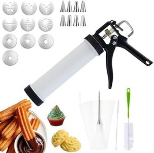 AlgoELF 3in1 Manual Spritz Cookie Press Gun Set, Churrera Churro Maker Machine, Large 2-Cup Capacity, 1 Piping Bag and Tip, 10 Churro and Cookie Discs, 8 Icing Nozzles, 2 Cleaning Brushes