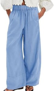 SeeLuNa Linen Pants for Women Cotton Baggy Boho Casual Palazzo Pants Wide Leg Long Lounge Trousers with Pockets(Sky-Blue,M)