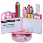 Pencil Pen Holder for Desk with Calculator, Mirror, 7 Slots 180° Opening, Desk Organizers and Accessories, Desktop Storage Stationery Supplies for Office, School, Home, Art Supply, Gifts (Pink)