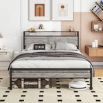 BOFENG Queen Bed Frame with Storage Headboard and Charging Station,Heavy Duty Metal Platform Bed Frame Queen Size Mattress Foundation Under Bed Storage No Box Spring Needed,Noise Free,Grey