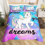 Unicorn Bedding Set Full for Girls,Dreamy Horse Teal Duvet Cover Kawaii Decor,Magical Animals Cartoon Unicorn Comforter Cover,Purple Galaxy Stars Mermaid Scales Bed Set Unicorn Birthday Decorations