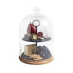 Artesà 2-Tier Serving Stand/Cake Dome, Glass Cloche Food Display Cover / Storage with Tiered Slate Platters and Wooden Base, 22 x 31 cm - Black/Clear Glass/Wood