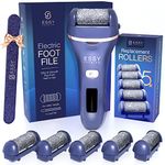 Essy Electric Foot File Rechargeable Waterproof with 5 Replacement Rollers for Women's, Men's Smooth Feet, Cordless Callus Remover, 2 Speeds, LED Display, USB Charging, Pressure-Lock Safety (Navy)