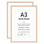 A3 Certificate Picture Frame, OAK Wood Photo Frame with mount for A4 print, Poster Frame with plexiglass for Wall Mount Display, 29.7x42 cm, Set of 2