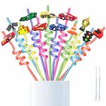 ZHIEND 12 Racecar Straws,Race Car Party Supplies,Two Fast Birthday Decorations,Cars Themed Hot Favors,for Kids with 2-Piece Cleaning Brush Set