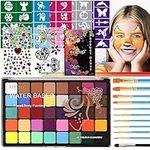 Face Painting Kit,40 Color Paints with 50 Stencils, 11 Brushes,125pcs Gem Sheet,Professional Face Painting Kit Non Toxic Face Paint Kit for Kids and Adults