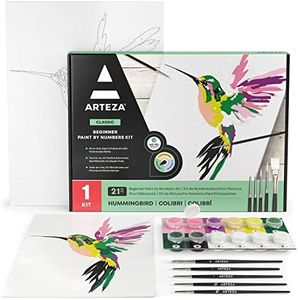 ARTEZA Paint by Number for Adults, 12x16 Inches, 21 Pieces, Hummingbird Paint by Numbers Kit, Comes with 1 Canvas Panel, 12 Acrylic Paint Pots, 5 Paintbrushes, Art Supplies for Home & Office Decor