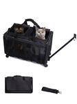 MIMIGLOO Double Cat Travel Carrier for 2 Cats,Large Pet Carrier with Wheels for Dogs and Cats up to 15.9 kg,Detachable Rod,Foldable Detachable Trolley for Outdoor Travel, Hiking,Camping (Black)