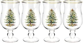 Spode Christmas Tree 17.5oz Tulip Glasses, Set of 4 - Gold-Rimmed Whimsical Holiday Glasses for Sparkling Wine and Champagne, Ideal for Holiday Brunches and New Year’s Celebrations