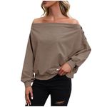 Women's Off Shoulder Sweatshirt Button Long Sleeve Pullover Casual Fashion Jumper Solid Hoodless Sweatshirt Tunic Tops for Leggings Brown X-Large