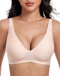 OXYIBRAS Deep V Bars for Women Non-Wired Women's Bras Adjustable Seamless Wireless Bra Buttery Soft Comfort with Bra Extender Beige L