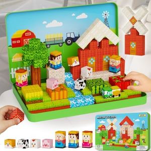 hunloot Magnetic Cubes Farm Travel for Kids: Hold 15 Blocks, 60s Storage