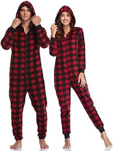 COLORFULLEAF Couples Matching Christmas Pajamas for Family Hoodie Plaid Fleece Onesie Full Zipper Jumpsuits(Womens, S)