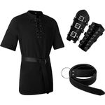 Jeyiour 3 Pcs Renaissance Costume Men Medieval Viking Tunic Knight Costume Faux Leather Arm Guards and Belt Viking Shirts (Black,X-Large)