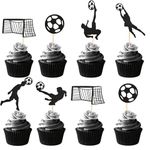 Arthsdite 48pcs Soccer Cupcake Toppers Black Glitter Football Cupcake Picks Sports Theme Soccer Party Baby Shower Boy Men Birthday Cake Decoration