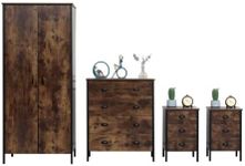 HOME MODERN Retro Industrial Style Bedroom Furniture 4 Pieces Sets 2 Doors Wardrobe and 4 Drawers Chest and 3 Drawers Bedside Table x2 for Bedroom Wardrobe Sets Bedroom Storage Furniture