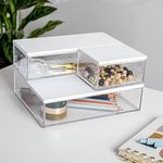 Martha Stewart Brody Plastic Storage Organizer Bins with Engineered Wood Lids for Home Office,-Kitchen, or-Bathroom, 3 Pack 1-Small/1-Medium/1-Large, Clear/White