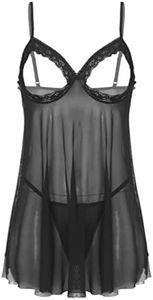 YiZYiF Women's Open Bras Nipple Split Lingerie Set Sleep Dress and Lace Panty Babydoll Nightwear Black X-Large