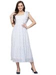 AAYU FIT & Flare Georgette Calf Length Dress for Women White & Blue (36 Size)