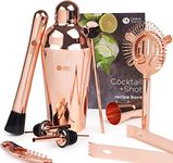 Oak & Steel - 10 Piece Premium Stainless Steel Cocktail Making Gift Set - Recipe Book, Shaker, Strainer, Muddler, Double Jigger & Pourers for Home and Bar Party, Bartender Tool Kit (Rose Gold)