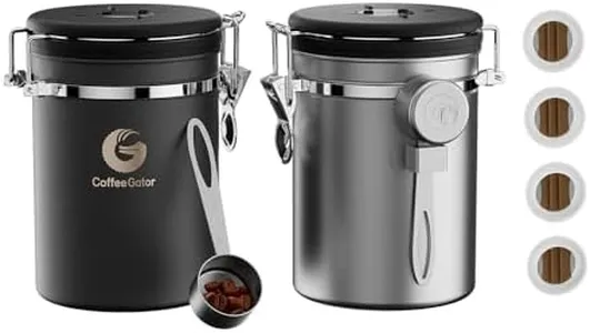 Coffee Canister - Coffee Gator Stainless Steel Coffee Container - Fresher Beans and Grounds for Longer - Date-Tracker, CO2-Release Valve and Measuring Scoop - 2-Pack, Silver/Gray