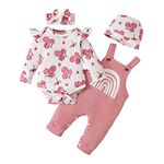 Toddler girl fall outfits long Sleeve floral romper pink Overalls pants sets 12-18 Months Headband tire cap 4pcs