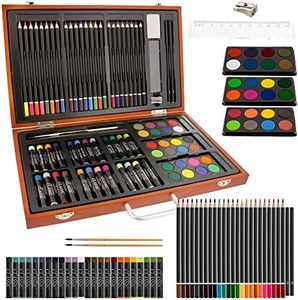 U.S. Art Supply 82-Piece Deluxe Artist Studio Creativity Set Wood Box Case - Art Painting, Sketching Drawing Set, 24 Watercolor Paint Colors, 24 Oil Pastels, 24 Colored Pencils, 2 Brushes, Starter Kit